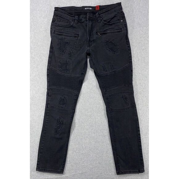 Makobi Jeans Men's 34x29 Black Denim Distressed Skinny Moto Biker Streetwear Zip - Picture 1 of 16